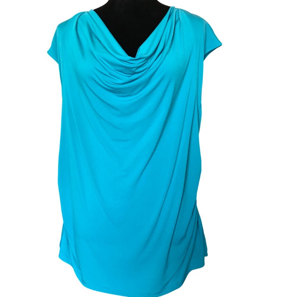 Drape Neck Teal Blouse Soft Dressy Ruched Top Quiet Luxury Plus Sz XL 16-18